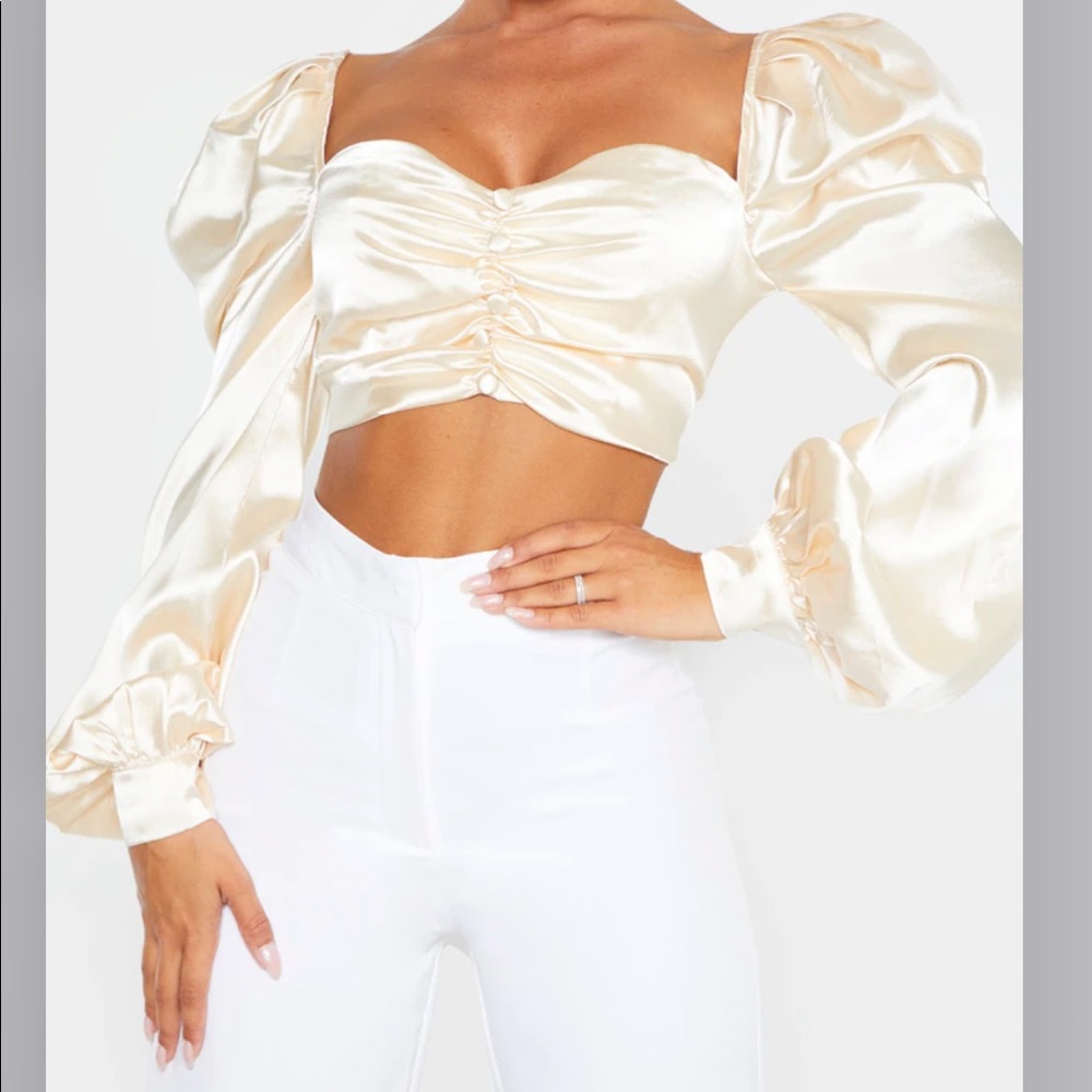 Nude Satin Button Front Square Neck Crop Top
